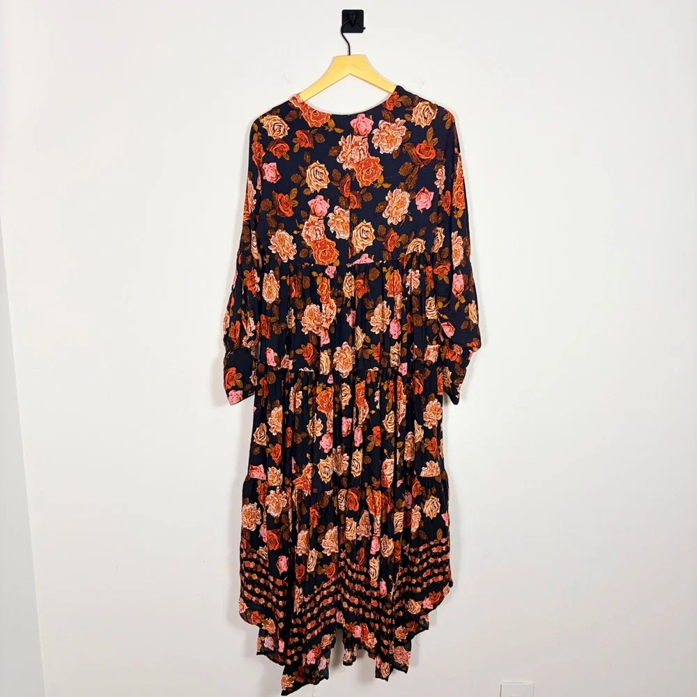 Free People Rows of Roses Maxi Dress Black‎ Ivory Floral Boho Asymmetric Hem